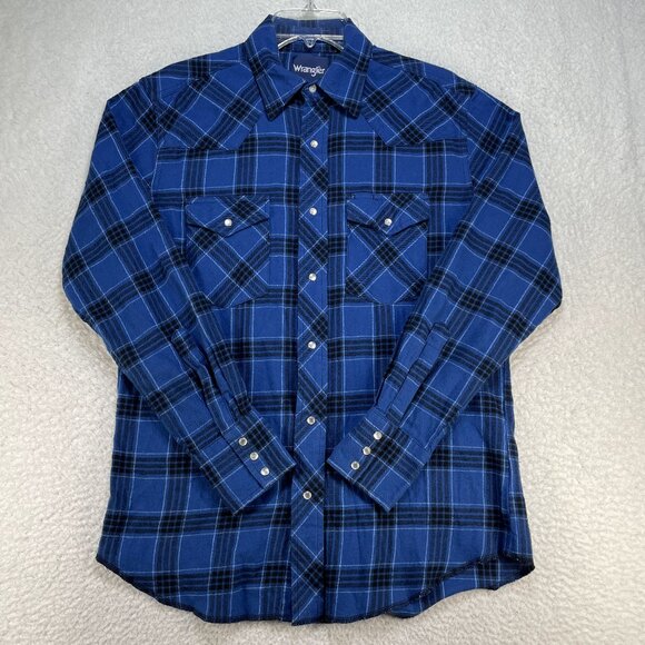 Wrangler Shirt Men's M Blue Plaid Long Sleeve Lightweight Flannel Pearl Snap - Picture 1 of 8